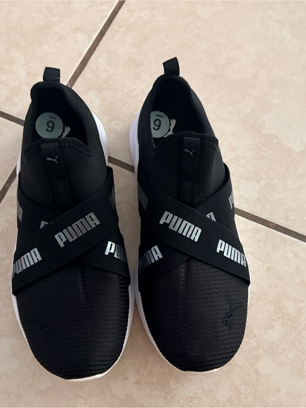 Puma Kids Black and White Slip-On Cross-Band Sneakers